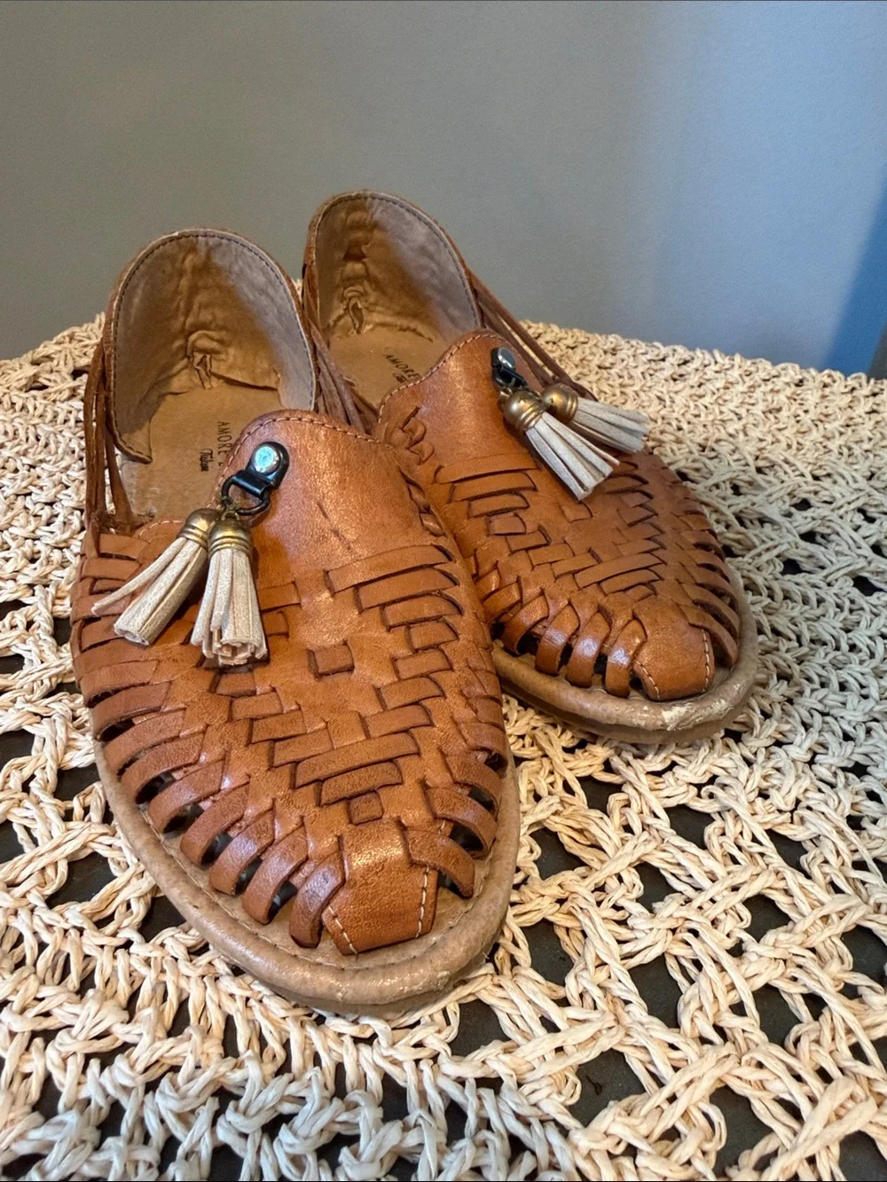 Tan Woven Leather Slip-On Loafers with Tassel Detail